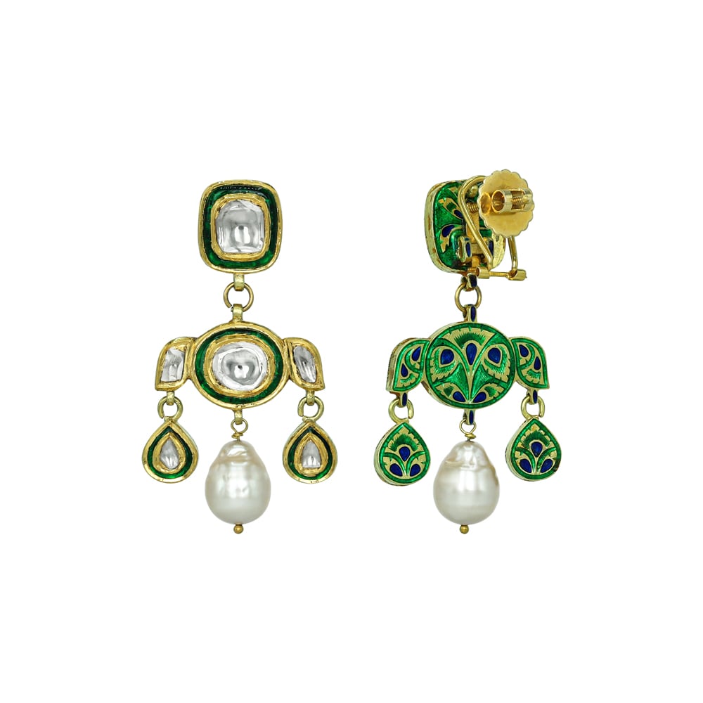 Polki Earrings with Green Enamel, Teardrops, and Pearl Drops
